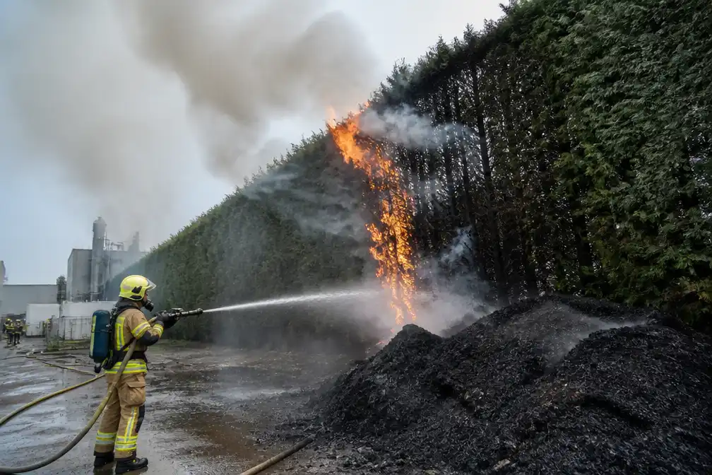 Brandweer blust metershoge haagbrand in industriezone van Ieper