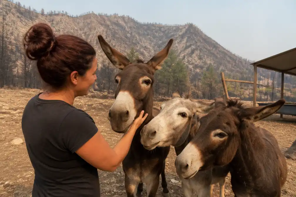 Spaanse boerin herenigd met ezels die bosbrand in Castilië en León overleefden