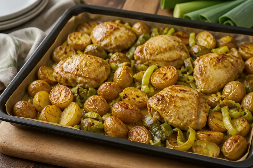 Traybake met mosterdkip, krieltjes en prei in Wat Eten We Vandaag