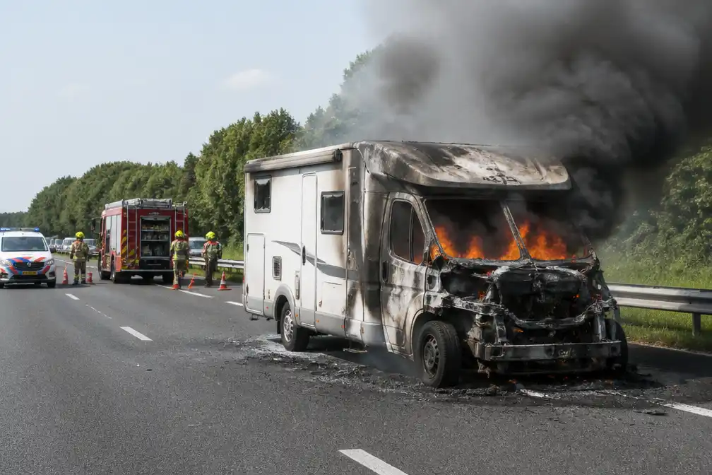 Camper in brand op A2 bij Liempde, twee rijstroken richting Den Bosch dicht