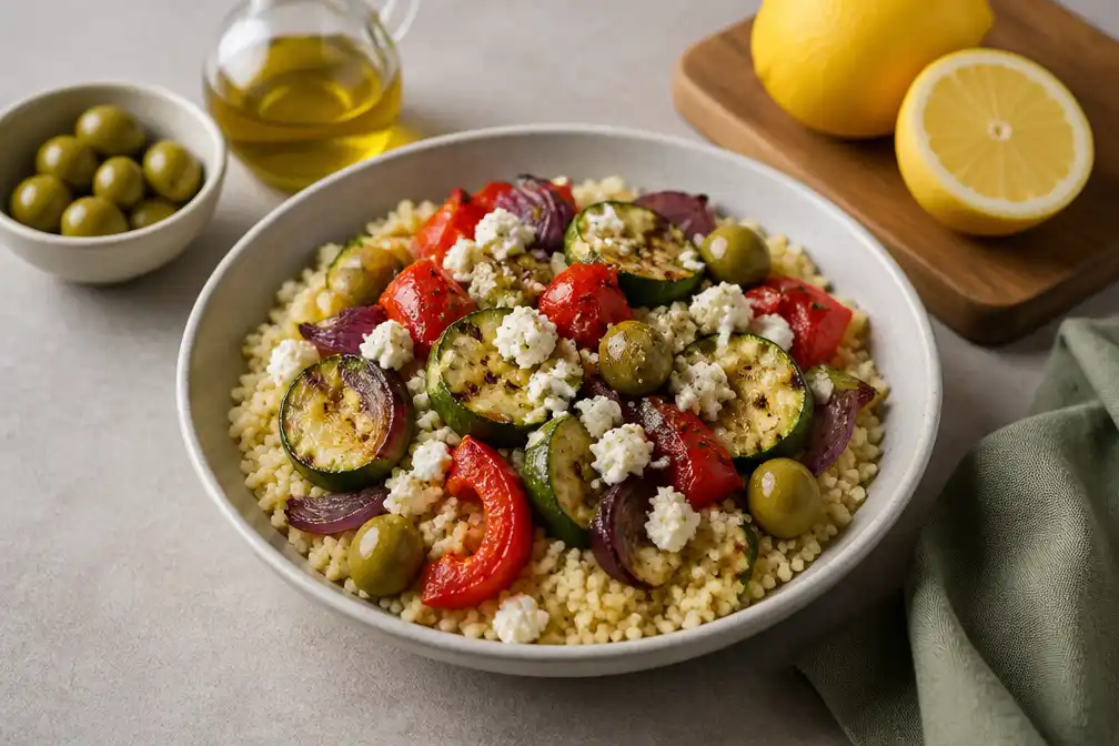 Couscous met gegrilde groenten, witte kaas en citroenolijven: klaar in 10 minuten