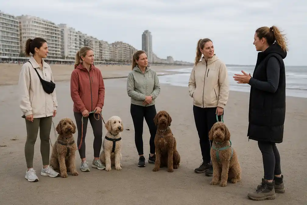 Vier bekende Vlamingen trainen met hun labradoodle op strand van Oostende