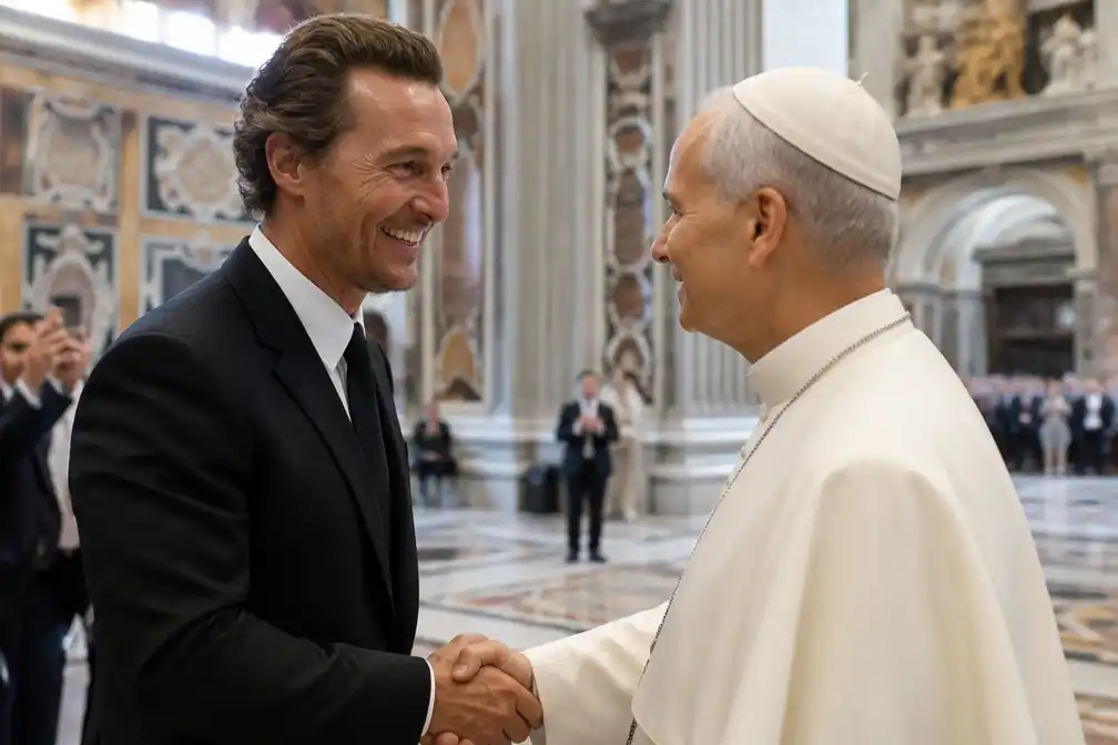 Matthew McConaughey ontmoet paus Leo in Sint-Pietersbasiliek