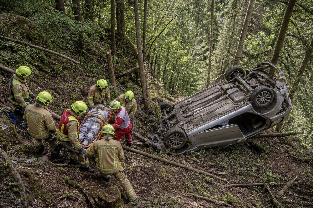 Nederlands gezin crasht in Oostenrijk na remproblemen; auto belandt ondersteboven in bos