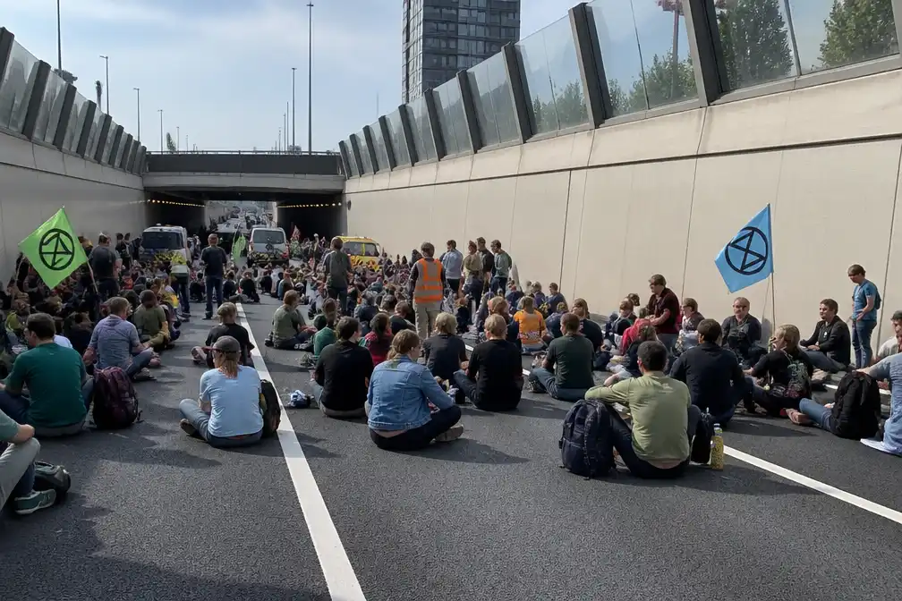 Klimaatactivisten Extinction Rebellion blokkeren A12 in Den Haag