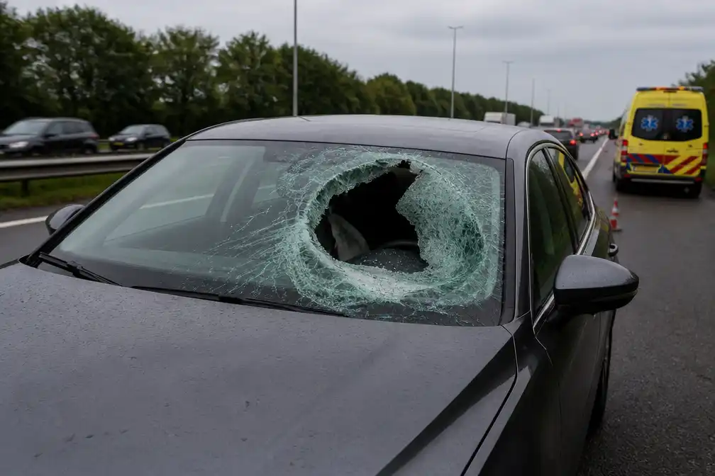 Gans vliegt door autoruit op A2, inzittende naar ziekenhuis