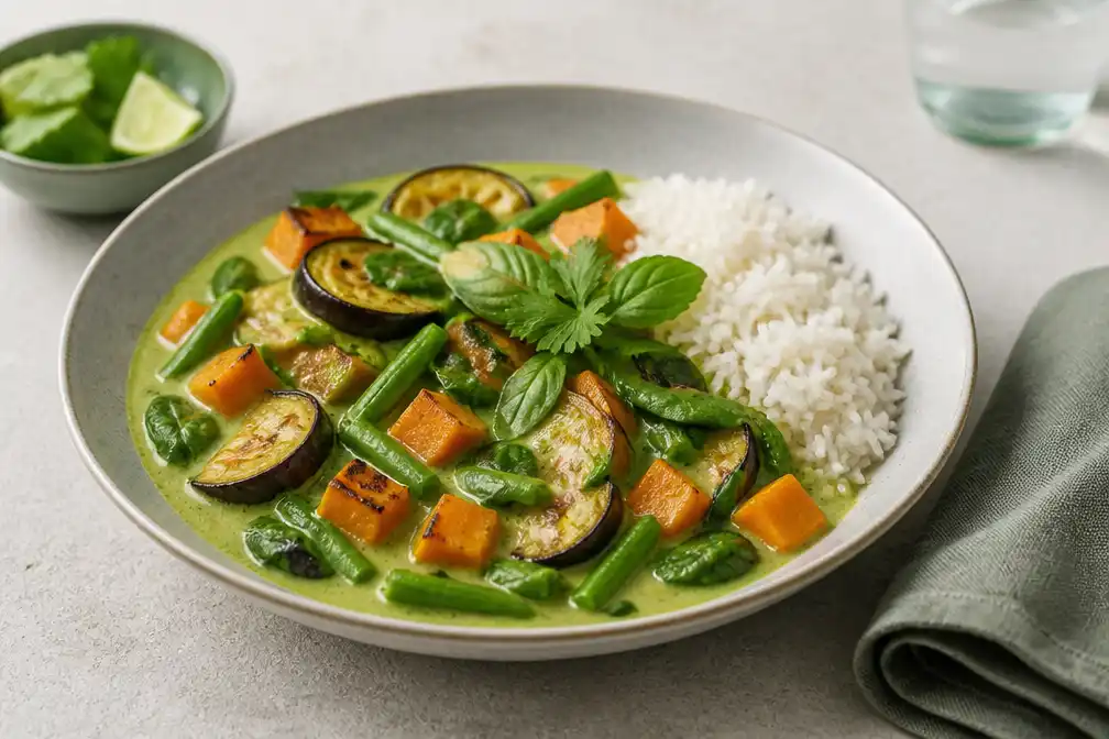 Groene curry met zoete aardappel en gegrilde aubergine: klaar in 30 minuten