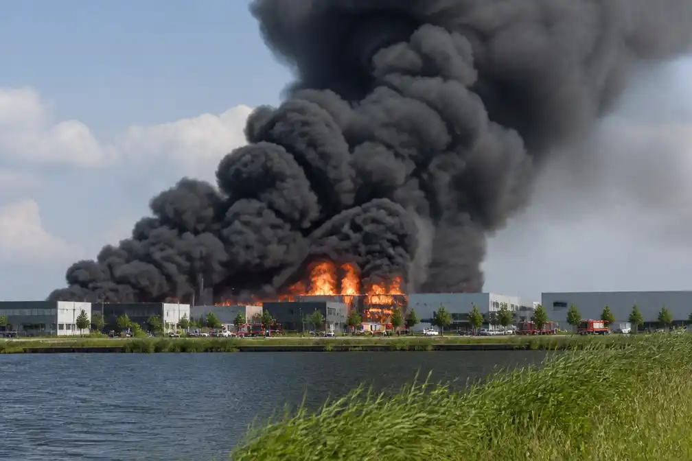 Zeer grote brand op bedrijventerrein in Lelystad, rookwolk van ver zichtbaar