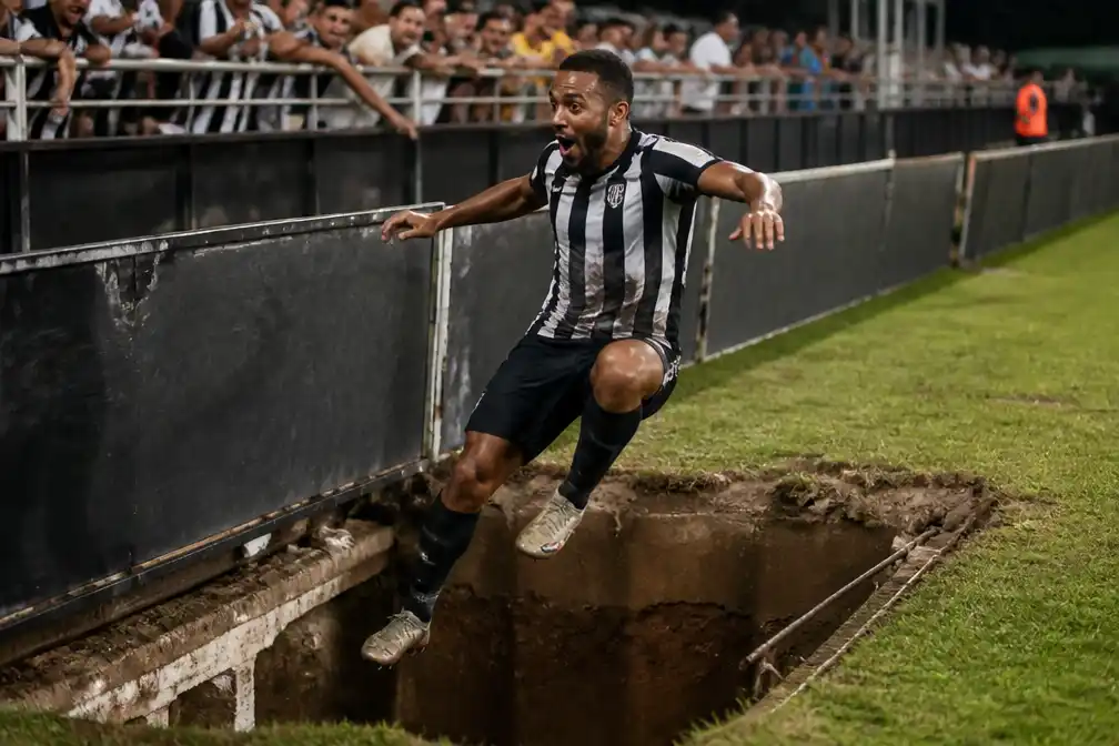 Braziliaanse verdediger Jacy Maranhão Oliveira reageert op val in put na doelpunt