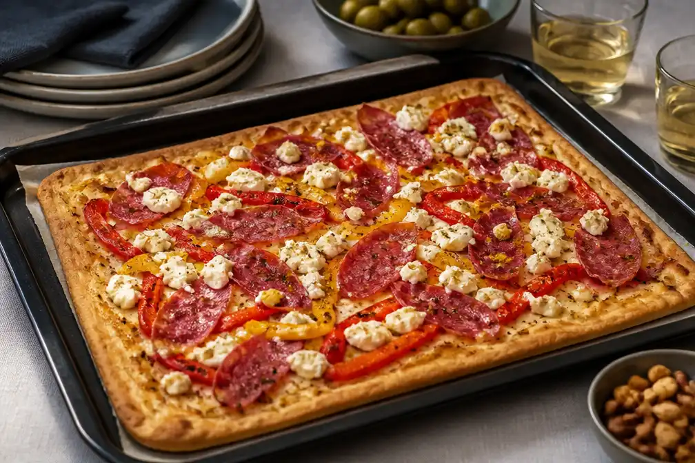 Plaattaart met paprika, witte kaas en salami als voordelig recept