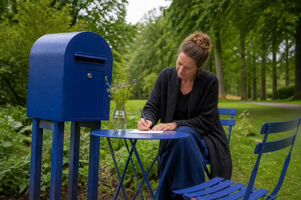 Dichter Kimm Mulder plaatst blauwe Hemelpostbrievenbus voor gemis