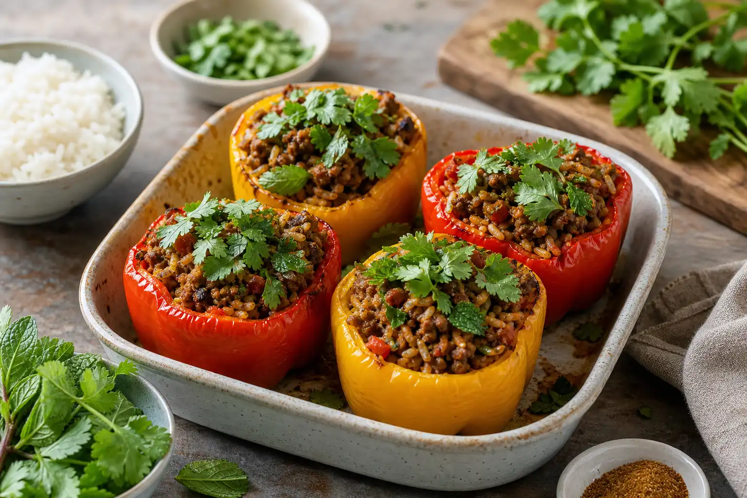 Gevulde paprika's met kruidig gehakt en rijst recept