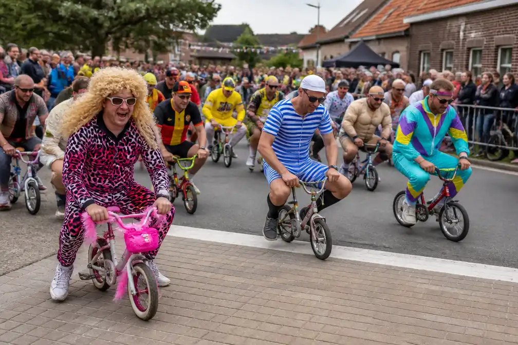 400 volwassenen op kinderfietsjes rijden 70ste Grote Kleinvelokeskoers in Vlimmeren