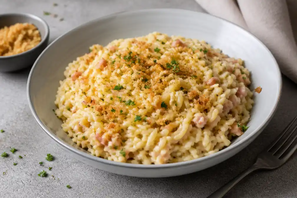 Regionale kranten delen recept voor romige orzo met spekjes en pangrattato