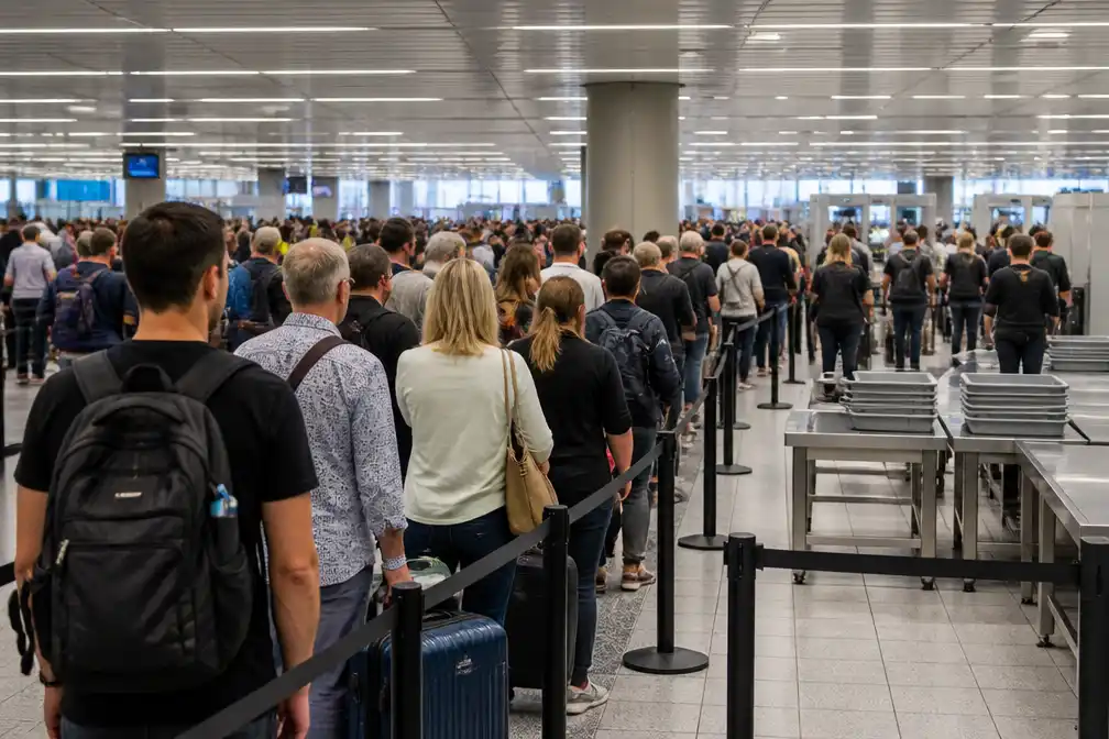 Actie beveiligers zorgt voor langere wachtrijen op Schiphol op 26 augustus