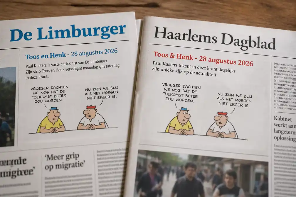 Nederlandse kranten plaatsen cartoon 'Toos en Henk' van Paul Kusters op 28 augustus
