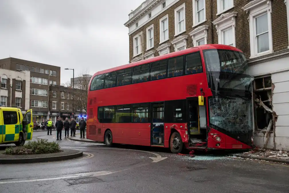 Dubbeldekker sleurt man mee op rotonde en ramt gebouw in Londen