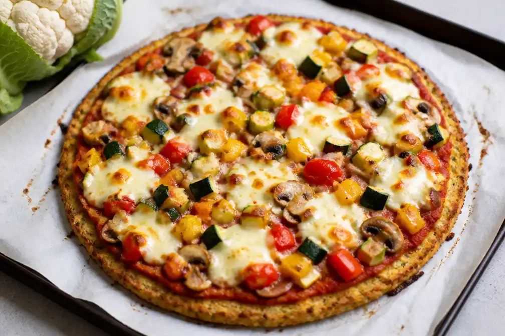 Bloemkoolpizza met groentesaus en mozzarella in Nederlandse foodrubriek