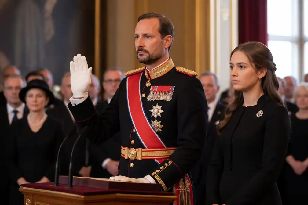 Haakon VIII legt eed af op grondwet van 1814 na overlijden van zijn vader