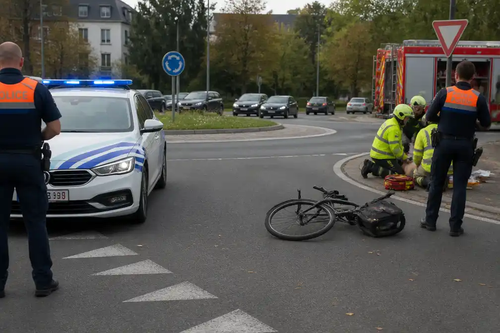 Fietsster aangereden door politiewagen op rotonde in Sint-Lambrechts-Woluwe