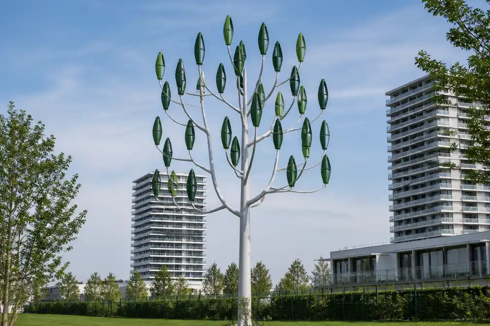 Windboom met 39 miniturbines geplaatst in woonpark Blauwpoorte in Izegem
