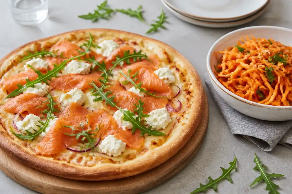 Zalmpizza met wortelsalade: recept in 30 minuten