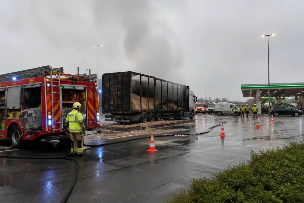 Parking langs E17 in Kruibeke afgesloten na vrachtwagenbrand met maïspulp