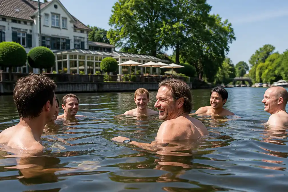 Michelinsterchef Wilco Berends en brigade verkoelen met duik in Vecht bij 38 graden