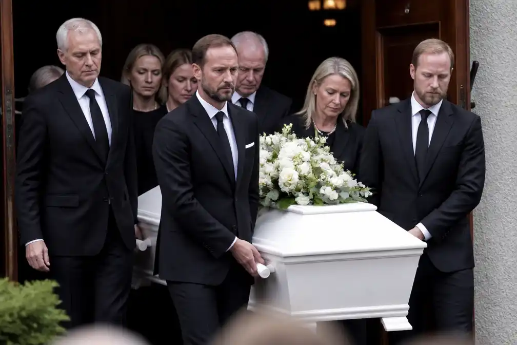 Koning Haakon draagt kist van prinses Astrid de kerk uit in Oslo