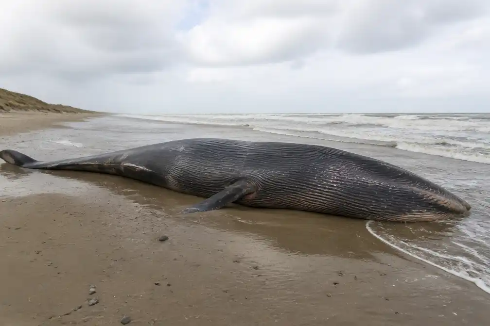Karkas van elf meter lange vinvis aangespoeld op Ameland