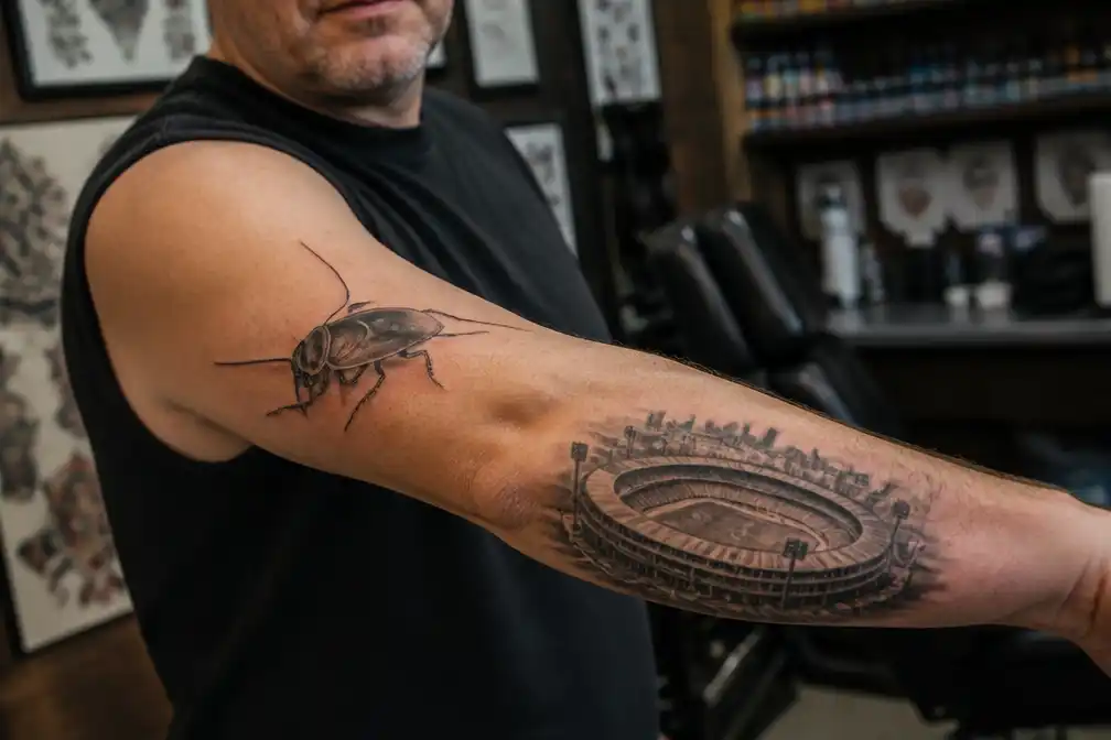 Tattooshop Ritchie zette al honderd kakkerlak-tattoos, unieke onthult De Kuip