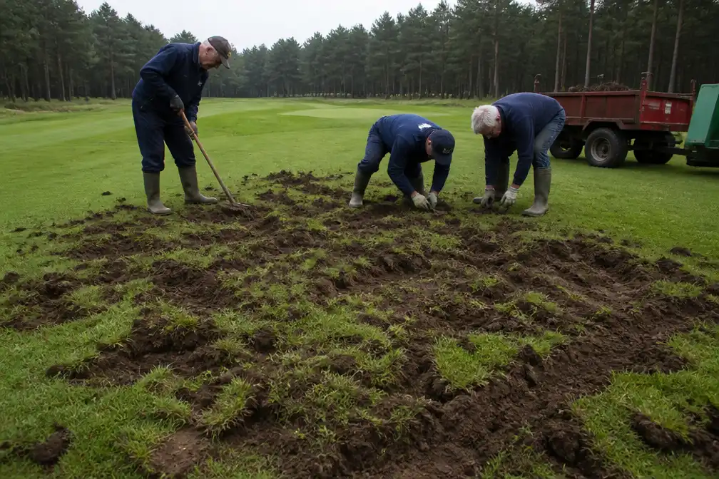 Everzwijnen woelen golfbaan Spiegelven in Genk om, hole 10 zwaar beschadigd