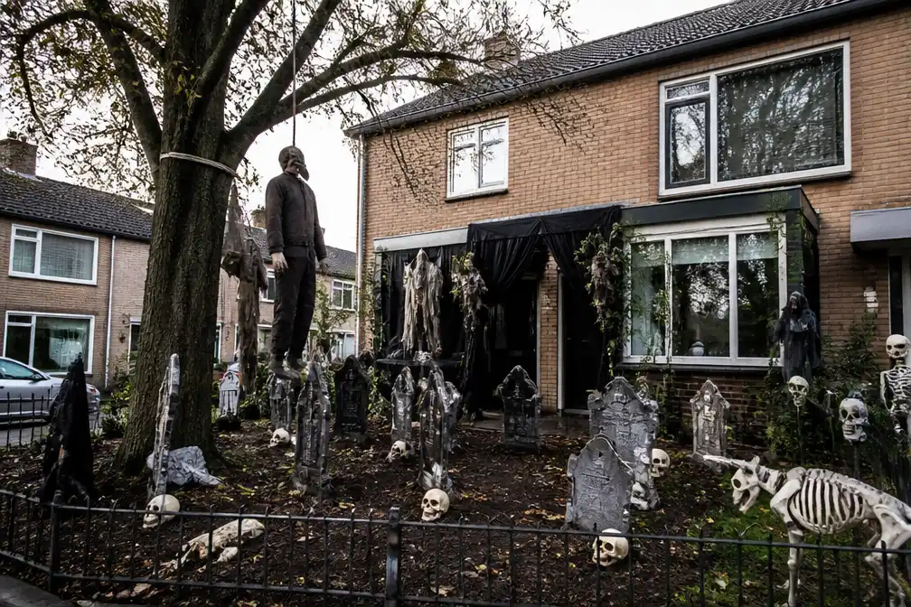 Woerden: Halloween-decoratie met kerkhof en lijk in boom moet weg van gemeente