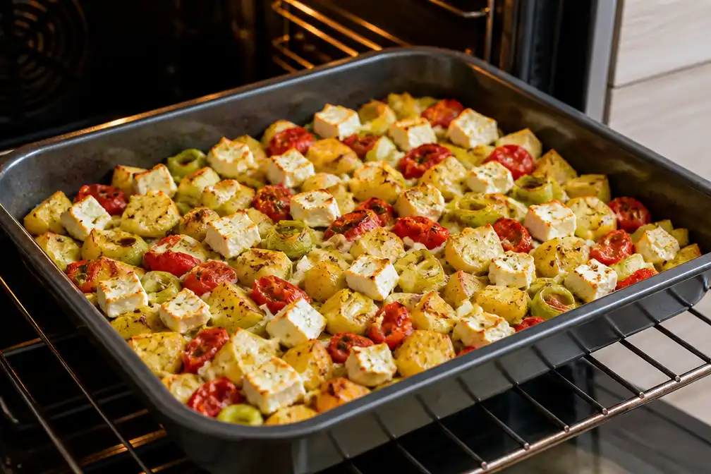 Budgetvriendelijke traybake met aardappel, tomaat, prei en witte kaas