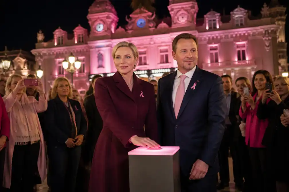 Prinses Charlène licht Casinoplein in Monte Carlo roze voor start van Rose Oktober