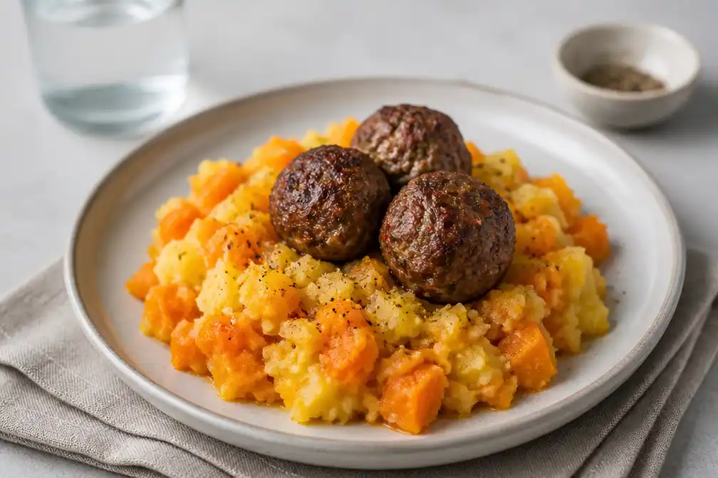 Recept: gezonde en betaalbare hutspot met pompoen en pittige gehaktballetjes