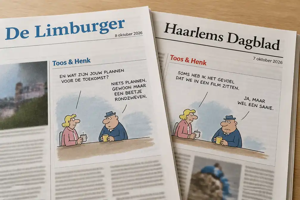 Cartoon Toos & Henk van Paul Kusters in De Limburger en Haarlems Dagblad
