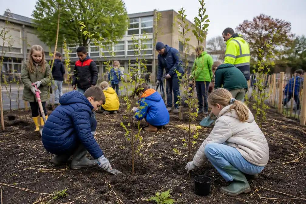 Leerlingen planten 300 bomen voor microbos op speelplaats in Week van het Bos