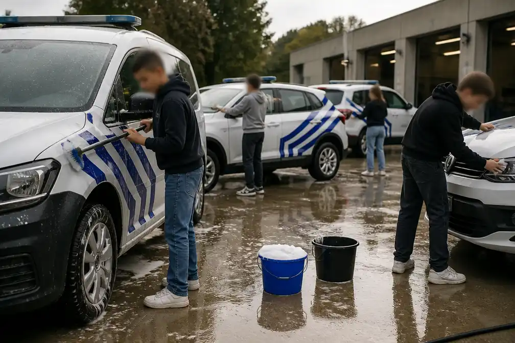 Scholieren poetsen politiewagens voor Youca-dag in Zennevallei