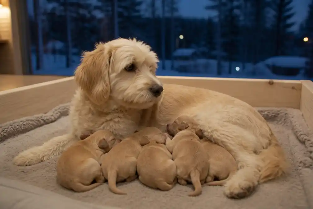 Finse omroep Yle zendt dag en nacht nest pasgeboren puppy's uit