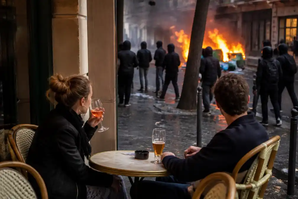 Koppel drinkt rustig op Parijsterras terwijl relschoppers brand stichten