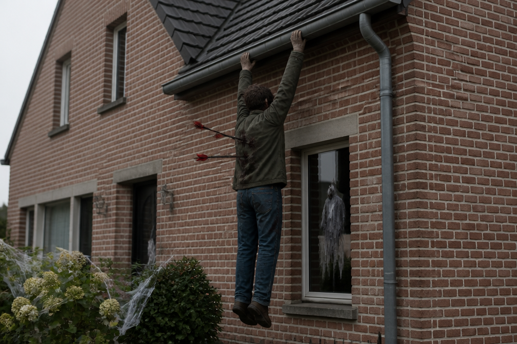 Man met drie pijlen in de rug hangt aan dak als halloweenversiering in Erps-Kwerps