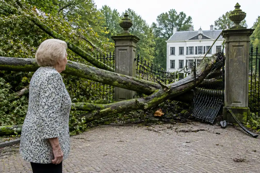Prinses Beatrix inspecteert stormschade bij kasteel Drakensteyn
