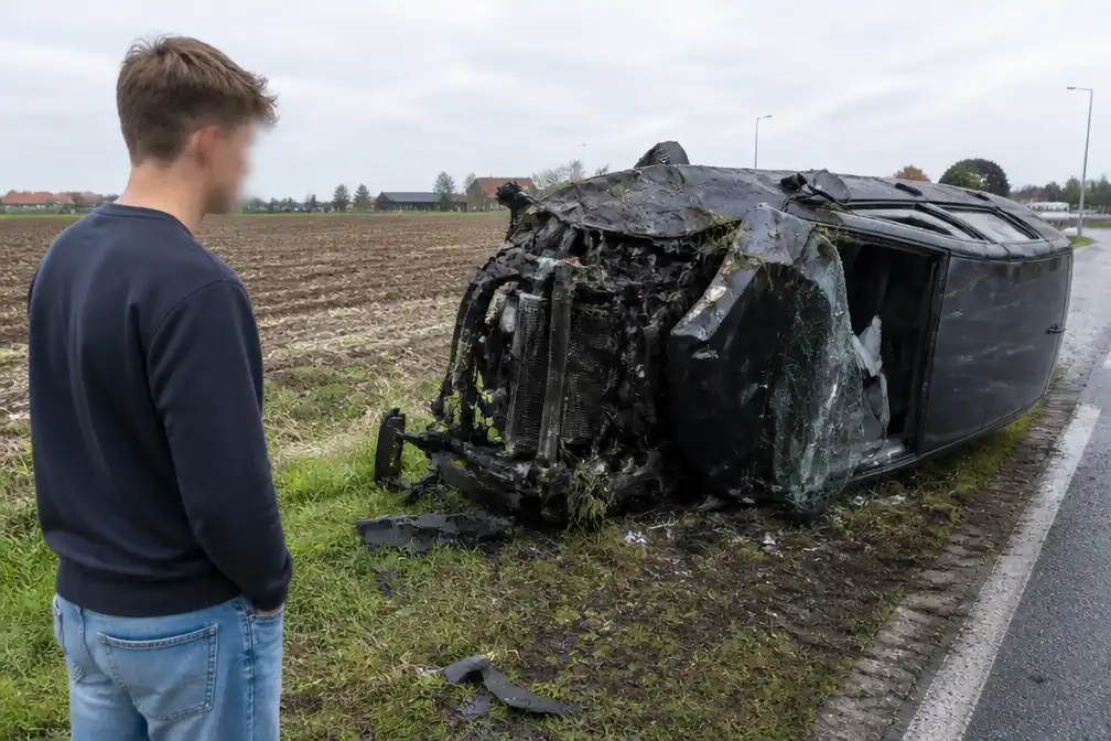 Clément (18) kruipt ongedeerd uit wrak na meervoudige rollover in Langemark
