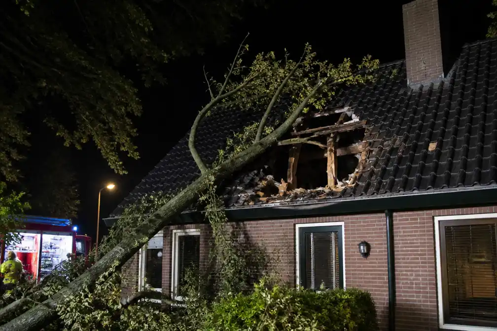 Boom waait door harde wind op woning in Volkel en scheurt groot gat in dak