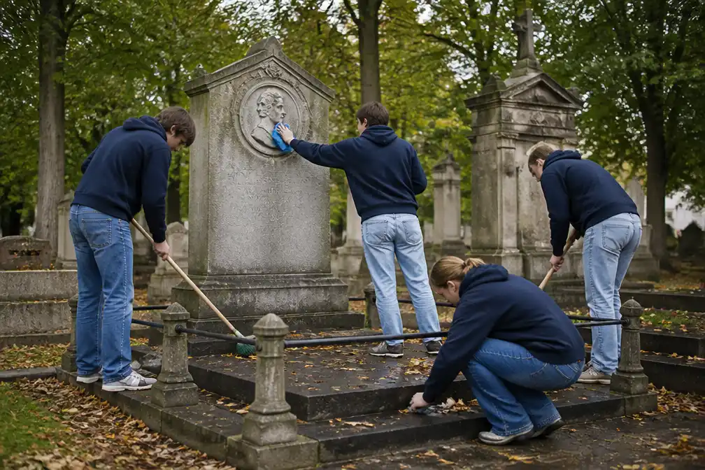 Studentenclub H.S.C. Moeder Brecht maakt graf van Albrecht Rodenbach schoon in Roeselare