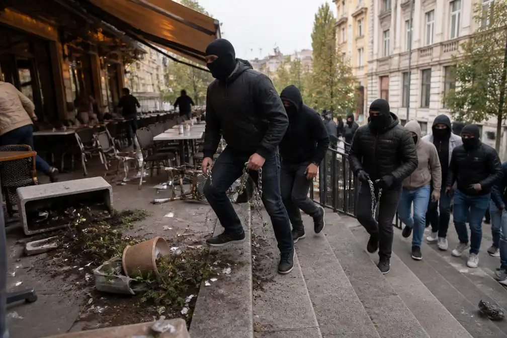 Gemaskerde mannen met kettingen bestormen terras tijdens rugbyfeest Nederlanders in Belgrado