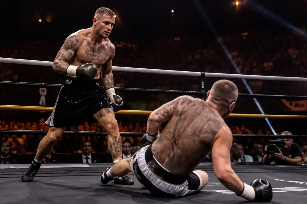 Donny Roelvink slaat Edino van Dorsten tegen de grond in derde partij Boxing Stars