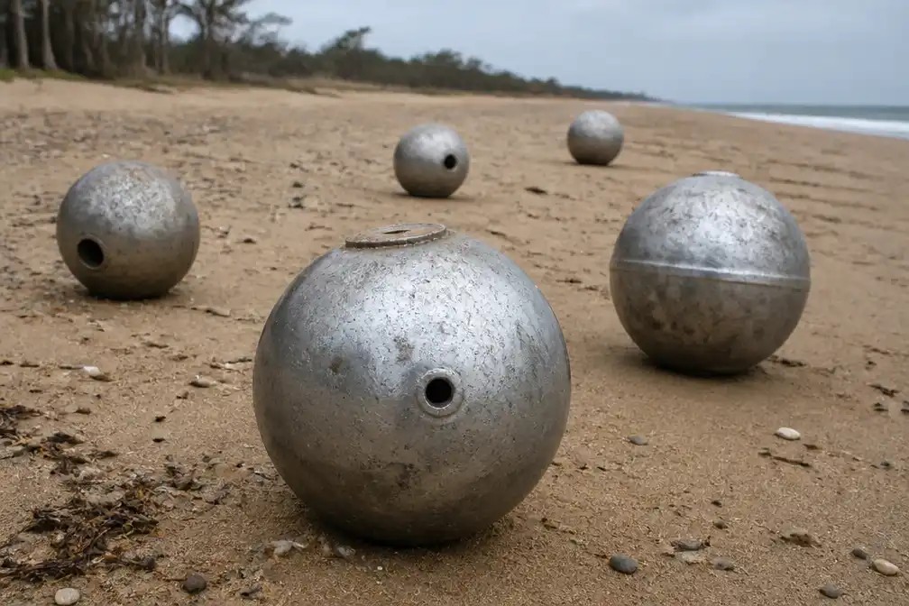 Zes mysterieuze metalen bollen aangespoeld op Australisch strand, vermoedelijk raketresten