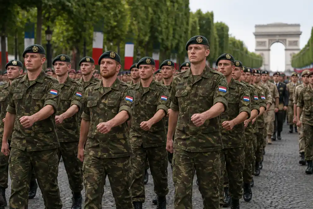 Nederlandse militairen lopen mee in Parijse parade met Oekraïne-coalitie